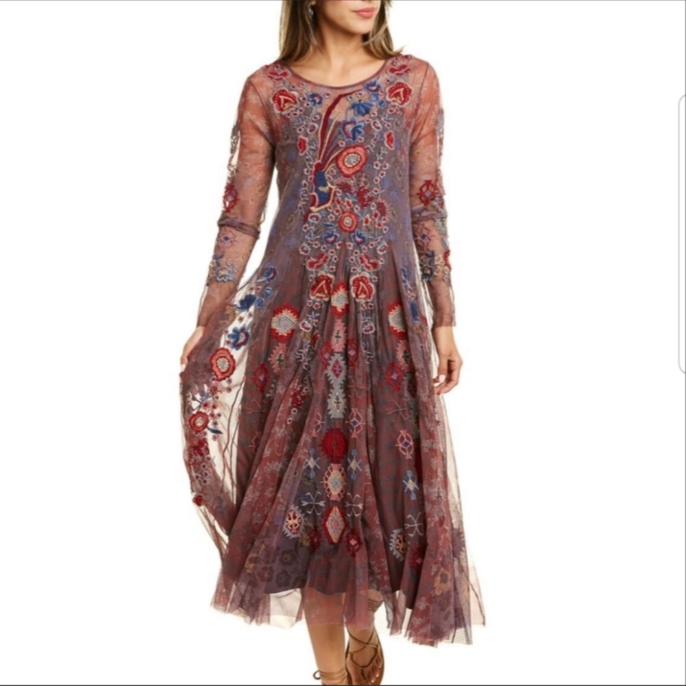 NWT Biya Johnny Was Seto Mesh Embroidered Dress - Size Large